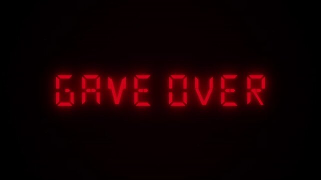 A glowing red digital warning sign displays the words game over in a retro pixelated font which signifies the end of a session within an immersive virtual simulation experience for enthusiastic