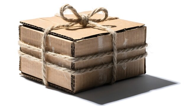 Brown cardboard parcel box tied securely with packing string cut out White background with shadow. AI GENERATED.