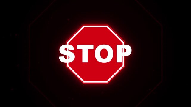 A glowing red traffic sign featuring a luminous white word signifies a mandatory halt for all vehicles at an intersection to ensure road safety and compliance with the current urban transport