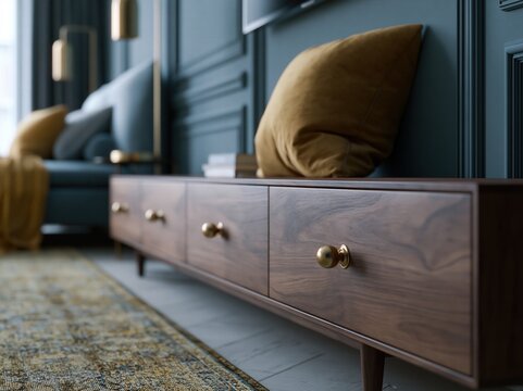 Walnut storage bench with brass hardware in sophisticated modern interior
