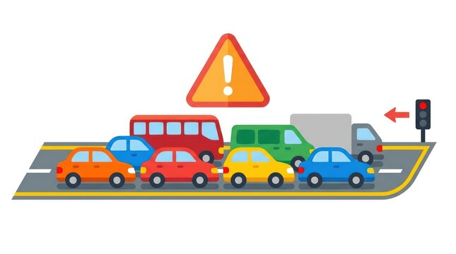Traffic jam with multiple cars stuck on highway. Rush hour congestion vector illustration with warning sign and road construction.