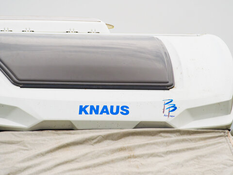 Knaus motorhome with the protective tarpaulin on the windshield., 22 February 2025, Spain