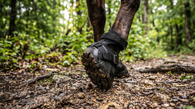 Modern protective hoof boot for horses in action.