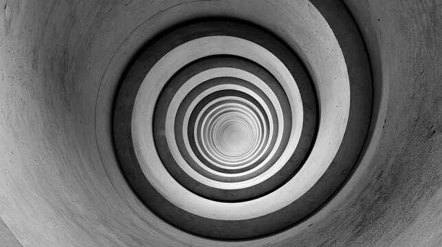 Monochrome spiral staircase creates a dizzying optical illusion, drawing the eye inward