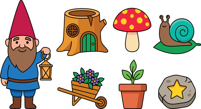 Cute garden gnome vector set with cartoon fairytale elements stump house mushroom snail wheelbarrow and plant pot