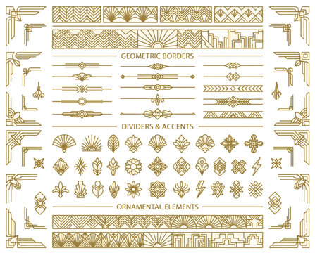 Art Deco Style Golden Geometric Borders Dividers Ornaments Accents Vector Set