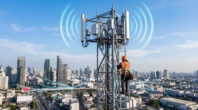 Telecom engineer climbing maintenance ladder on 5G mobile network tower antenna, transmitting wireless signal waves over modern city skyline background for internet connectivity