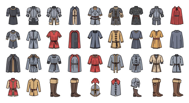Collection of medieval clothing and armor for historical reenactment.