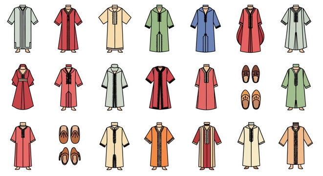 Collection of Traditional Moroccan Djellabas and Babouches in Various Colors and Styles.