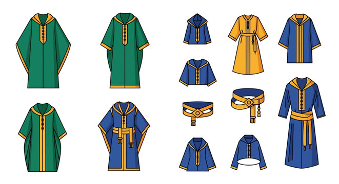 Collection of traditional Moroccan djellaba and caftan garments in various styles and colors.