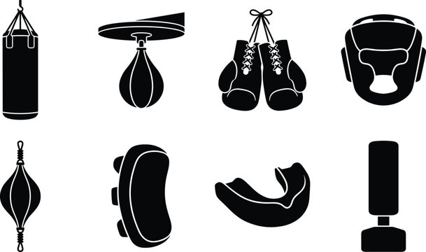 Boxing equipment vector icon set featuring heavy bag speed bag gloves helmet and protective gear