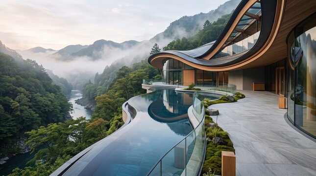 Ultra luxury organic resort terrace with fluid curved architecture and infinity pool over Japanese river ravine