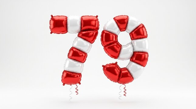 Red and White Candy Cane Number 79 Balloons, Christmas Holiday Celebration, 3D Render