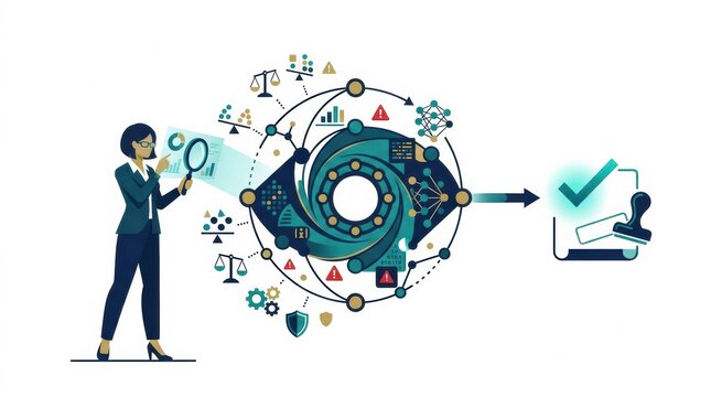 A person examines data and diagrams related to AI risks and benefits in a technology setting while focusing on audit procedures.