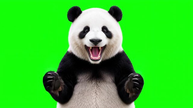 Realistic Panda bear happy celebration dance, rhythmic joyful movement and victorious business success concept isolated on chroma key green screen background. 3D.