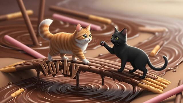 Whimsical miniature cats on chocolate biscuit bridge, tiny kittens in sweet candy world, surreal dessert landscape
