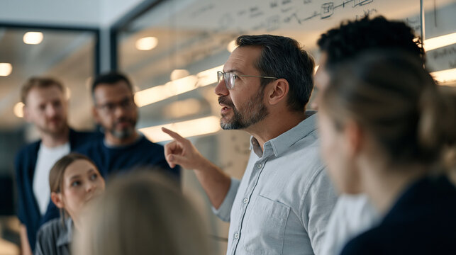 DevOps engineer presenting a deployment pipeline diagram on a glass wall in a sleek luxury tech office, diverse team of five engineers reviewing containerisation workflow,