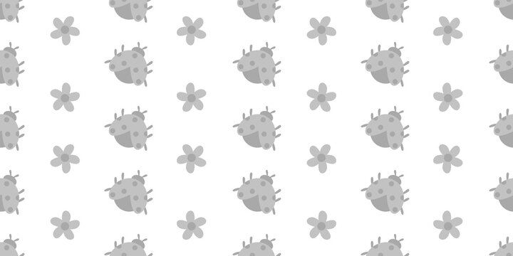 Cute gray ladybug and flower seamless pattern. Ladybug pattern background. Summer decoration background. 
