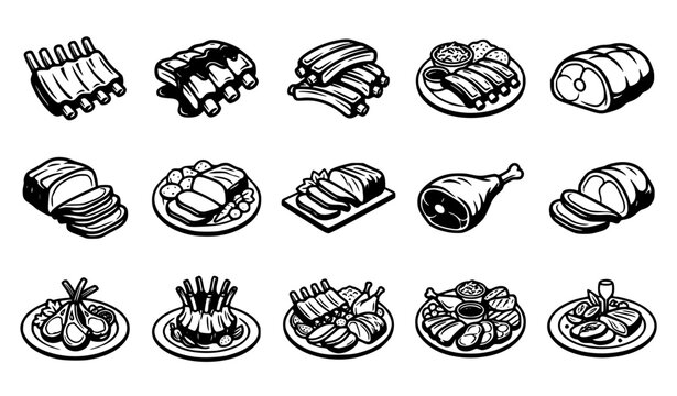 Black and White Meat Food Icon Set Featuring Ribs Steak Pork Roast Sliced Ham Chicken Leg and Crown Roast Icons for Butchery Shop Menus and Catering Graphic Designs