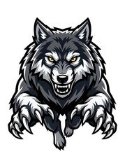 Obraz premium Aggressive wolf mascot logo jumping forward with sharp claws and bared teeth, fierce predator illustration isolated on white background