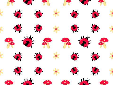 Ladybug seamless pattern background. Ladybug doodle background. Red beetle cartoon background. Ladybug repeat pattern. Summer decorative background