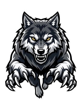 Aggressive wolf mascot logo jumping forward with sharp claws and bared teeth, fierce predator illustration isolated on white background