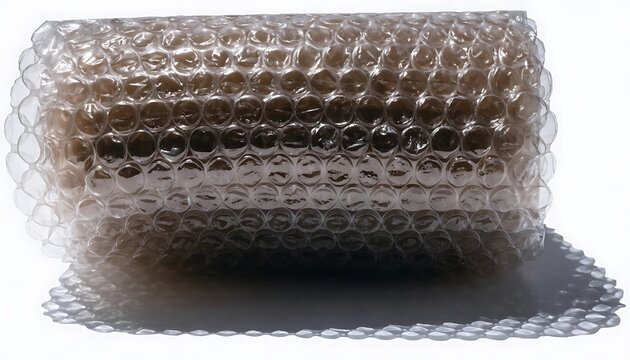 Rolled cylinder bundle of brown packing bubble wrap material cut out White background with shadow. AI GENERATED.
