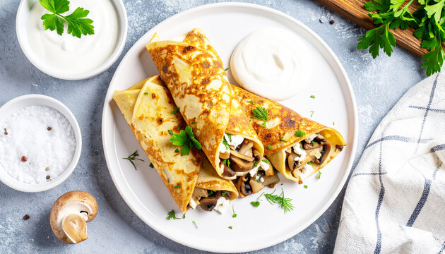 Crepes stuffed with mushrooms and onion served with a sour cream. AI