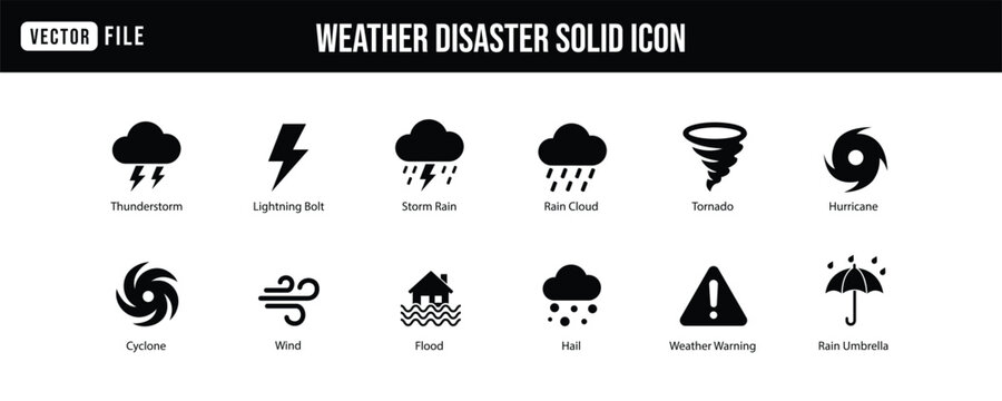 Weather Disaster Icons Set with Thunderstorm Lightning Tornado Hurricane Flood Wind and Warning Signs