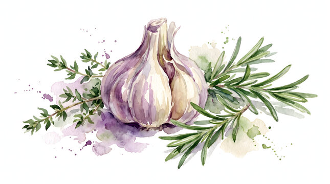 Watercolor illustration of a fresh purple garlic bulb with green rosemary and thyme herbs.