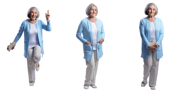 Happy senior woman posing in blue jacket on white background