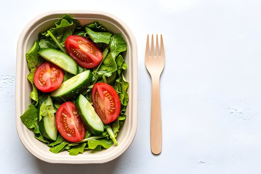 Healthy Organic Salad in Biodegradable Container with Wooden Fork on White Surface