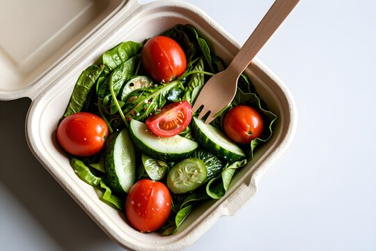 Healthy Organic Salad in Biodegradable Container with Wooden Fork on White Surface