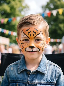 Portrait of a young boy with tiger face paint, looking at the camera with a gentle smile, outdoors at a summer festival with colorful bunting
