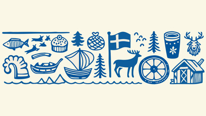 hand drawn sketch style collection of various objects on beige background hand drawn sketch style various objects beige background fish boat © MINA