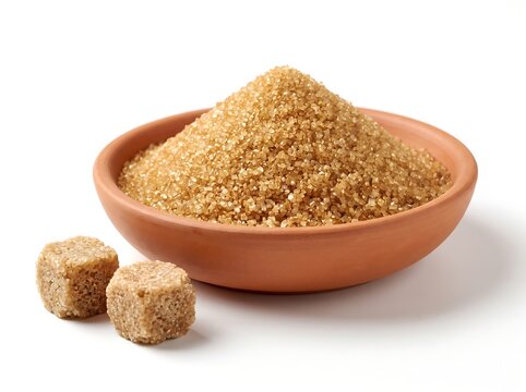 Brown sugar in a terracotta bowl and two sugar cubes isolated on white background