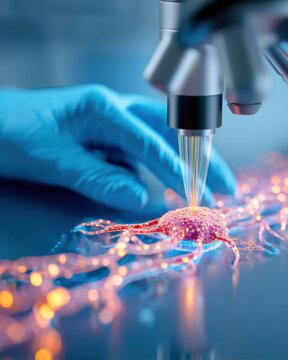 Close up of a hand in a blue surgical glove operating a high tech joystick controller, background showing a microscopic view of a glowing nano capsule
