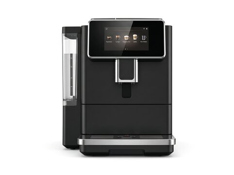 Modern automatic coffee machine with a touchscreen display for preparing various coffee drinks isolated on white background