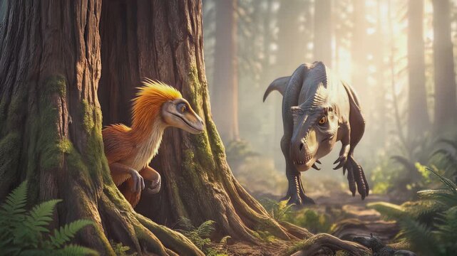 Small feathered dinosaur hiding behind large tree trunk in prehistoric forest. T-rex walking in background of misty jungle. Static medium shot.