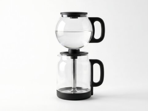 Modern glass coffee maker with a spherical water reservoir and a cylindrical brewing carafe isolated on white background