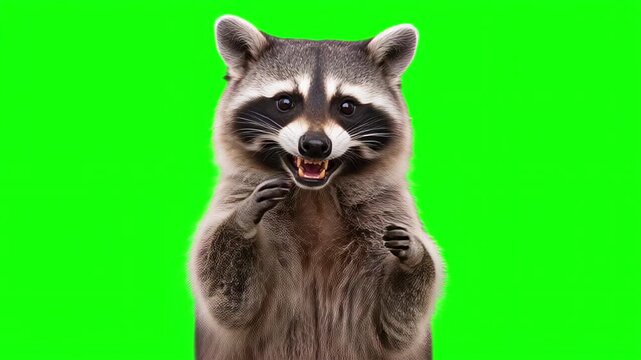 Realistic raccoon happy celebration dance, rhythmic joyful movement and victorious business success concept isolated on chroma key green screen background. 3D.