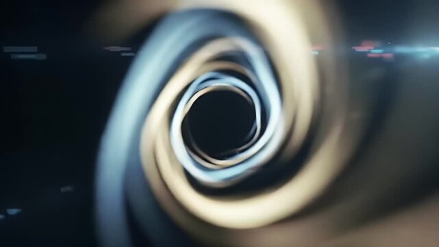 A depiction of a black hole with swirling accretion disk and gravitational lensing effect.
