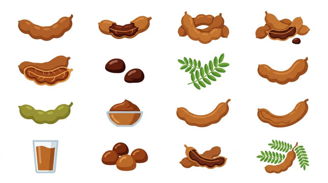 Collection of tamarind fruits and leaves in various forms.