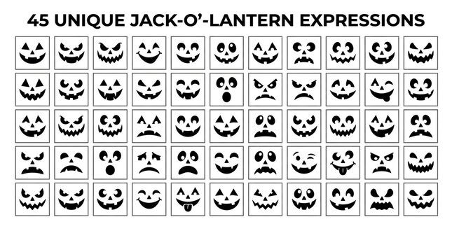 Set of 45 unique jackolantern expressions, halloween pumpkin carving stencils, spooky and funny faces for pumpkin carving, vector illustration