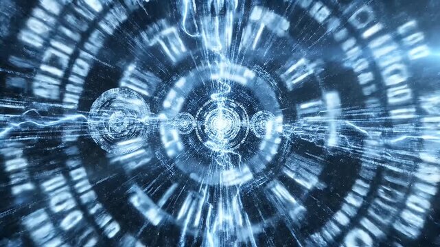 Abstract digital vortex with blue lightning and binary code.