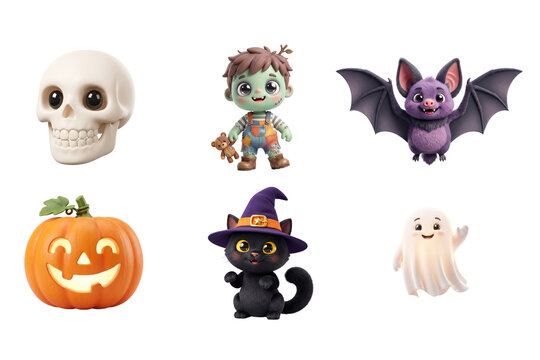 Set of cute 3D Halloween icons featuring a skull, zombie boy, purple bat, jack-o'-lantern, witch cat, and a ghost. Adorable cartoon-style elements perfect for festive holiday designs and invitations.
