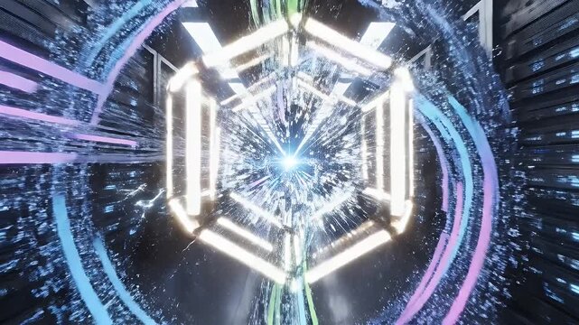Digital abstract visualization in a server room with glowing cubes and data streams.