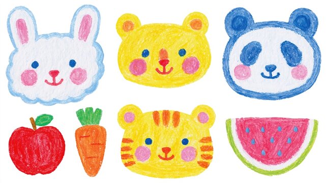 Cooperation and collaboration between adorable cartoon animals and fruits in playful crayon art