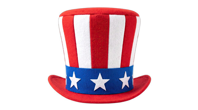 A festive uncle sam top hat with red white and blue stripes isolated on transparent background