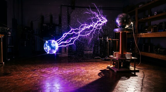 High voltage Tesla coil discharging purple electricity in lab